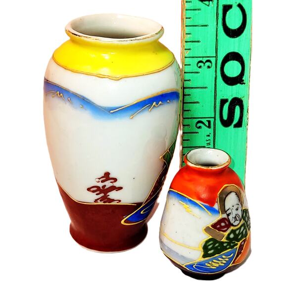 1940's Vintage Miniature 2.5" & 3.5" Occupied Japan Satsuma Hand Painted Vases - Picture 7 of 10
